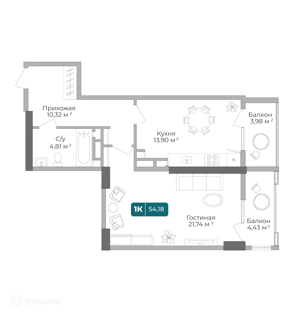 Планировка 1-комнатной квартиры 54.18 м² в ЖК Золотой Берег, г. Новороссийск — фото 1