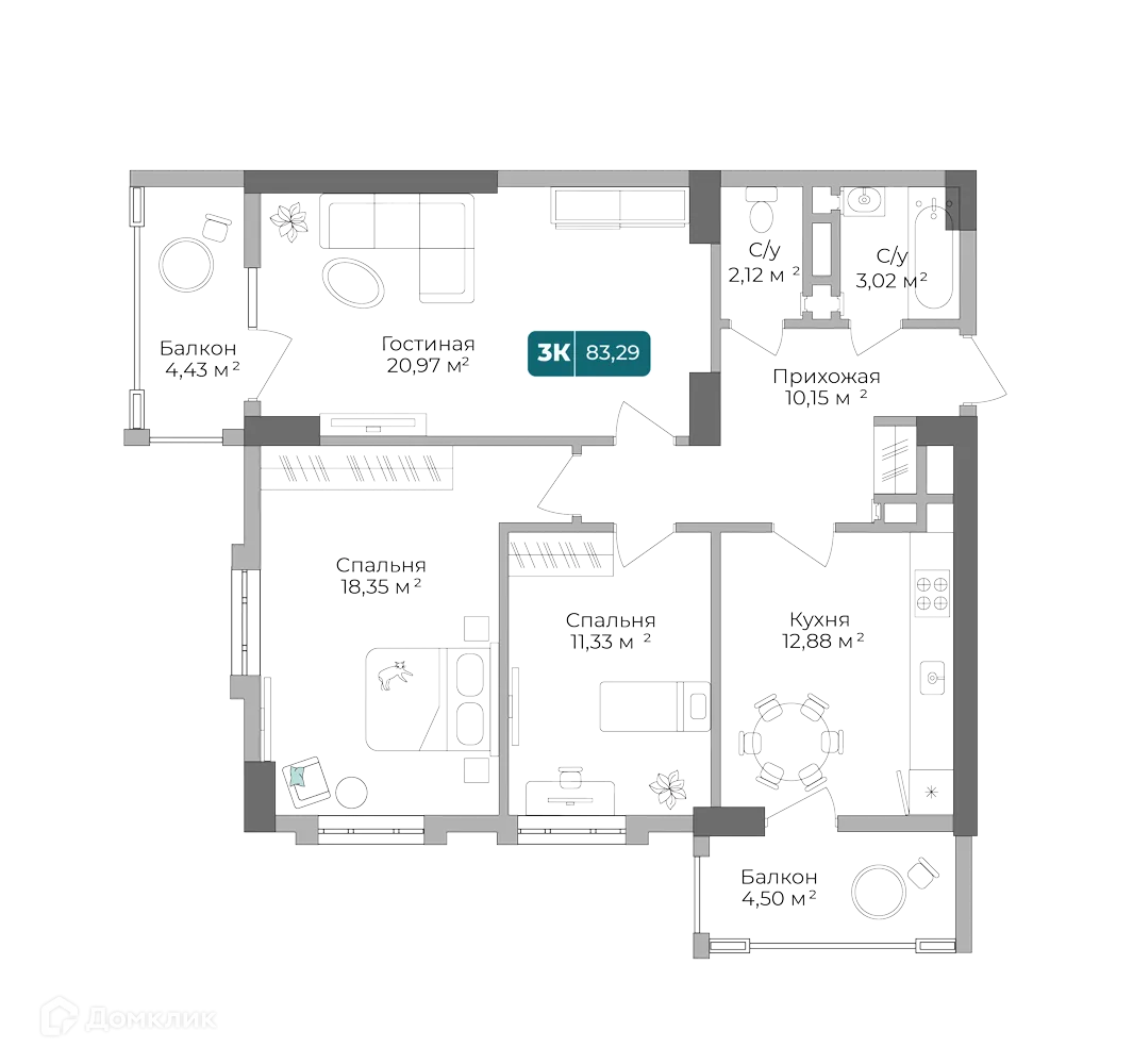 Планировка 3-комнатной квартиры 83.29 м² в ЖК Золотой Берег, г. Новороссийск — фото 1