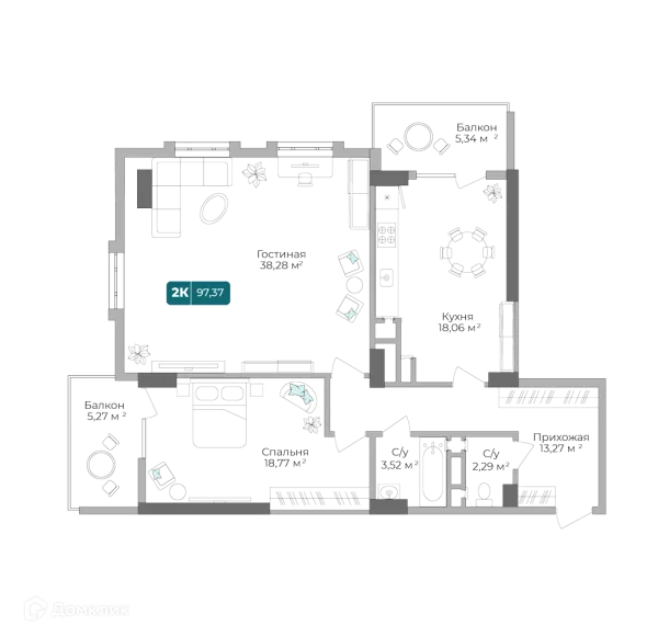 Планировка 2 комн. в ЖК Золотой Берег