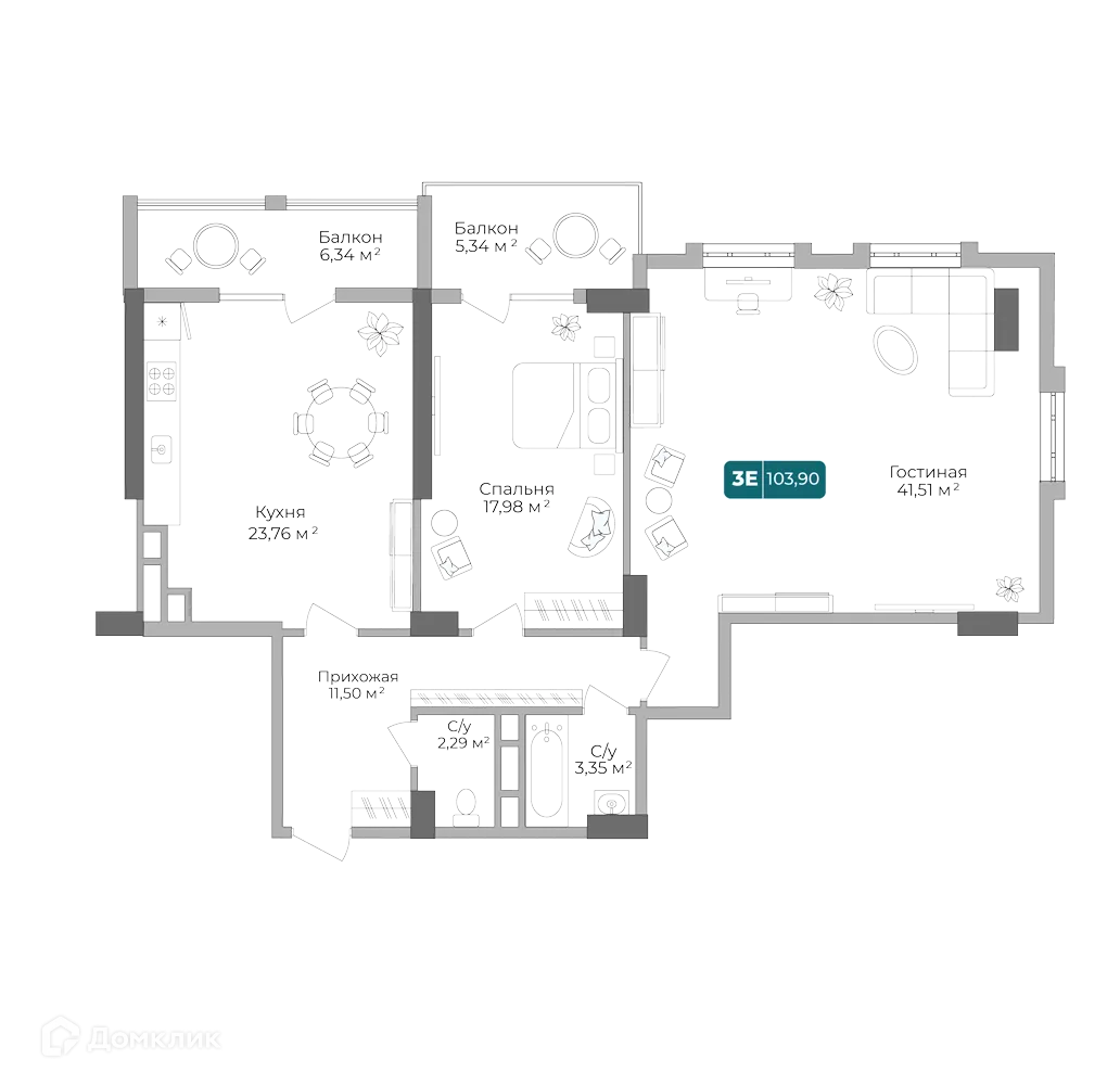 Планировка 2-комнатной квартиры 101.71 м² в ЖК Золотой Берег, г. Новороссийск — фото 1
