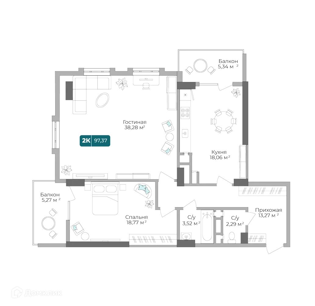 Планировка 2-комнатной квартиры 97.37 м² в ЖК Золотой Берег, г. Новороссийск — фото 1