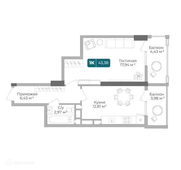 Планировка 1 комн. в ЖК Золотой Берег