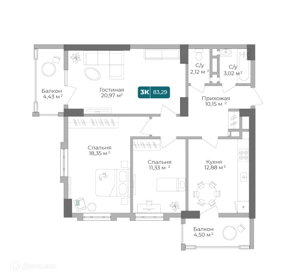 Планировка 3 комн. в ЖК Золотой Берег