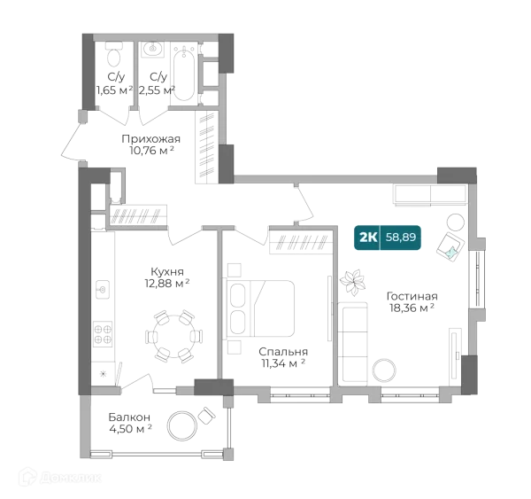 Планировка 2 комн. в ЖК Золотой Берег