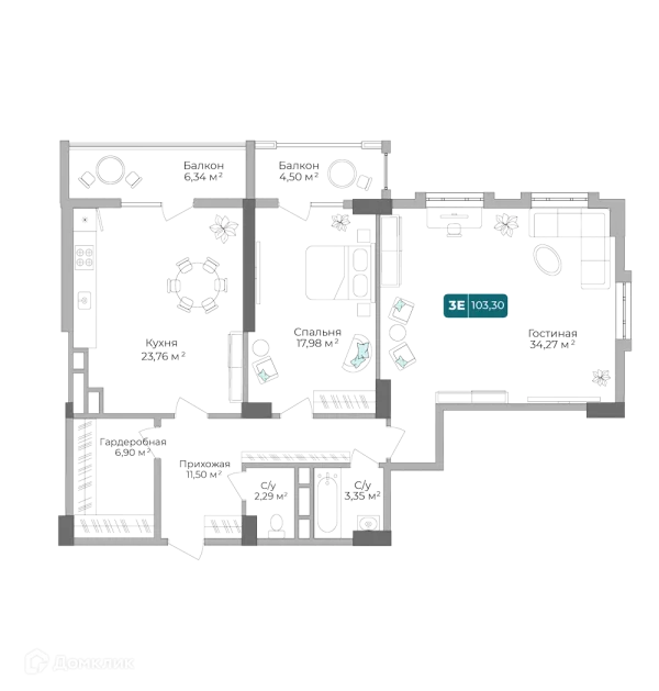 Планировка 2 комн. в ЖК Золотой Берег