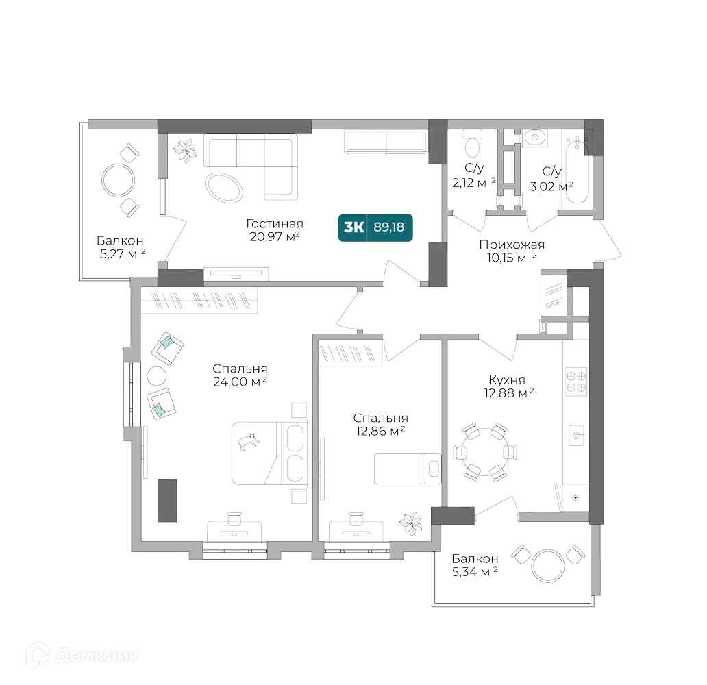 Планировка 3-комнатной квартиры 89.18 м² в ЖК Золотой Берег, г. Новороссийск — фото 1
