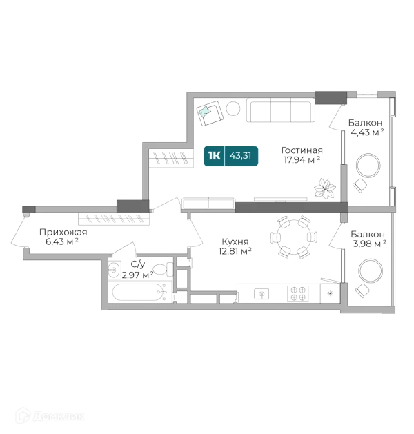 Планировка 1 комн. в ЖК Золотой Берег