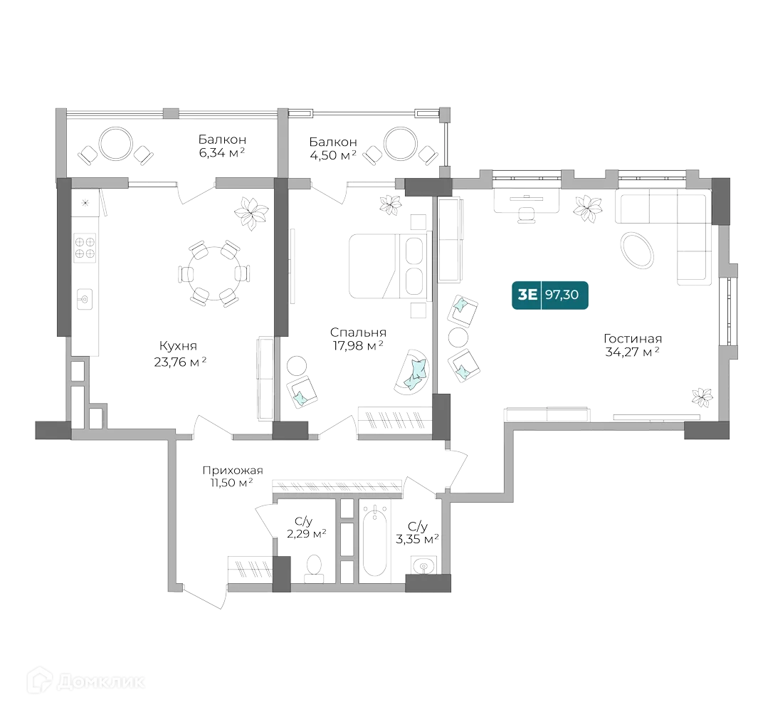 Планировка 2-комнатной квартиры 97.05 м² в ЖК Золотой Берег, г. Новороссийск — фото 1