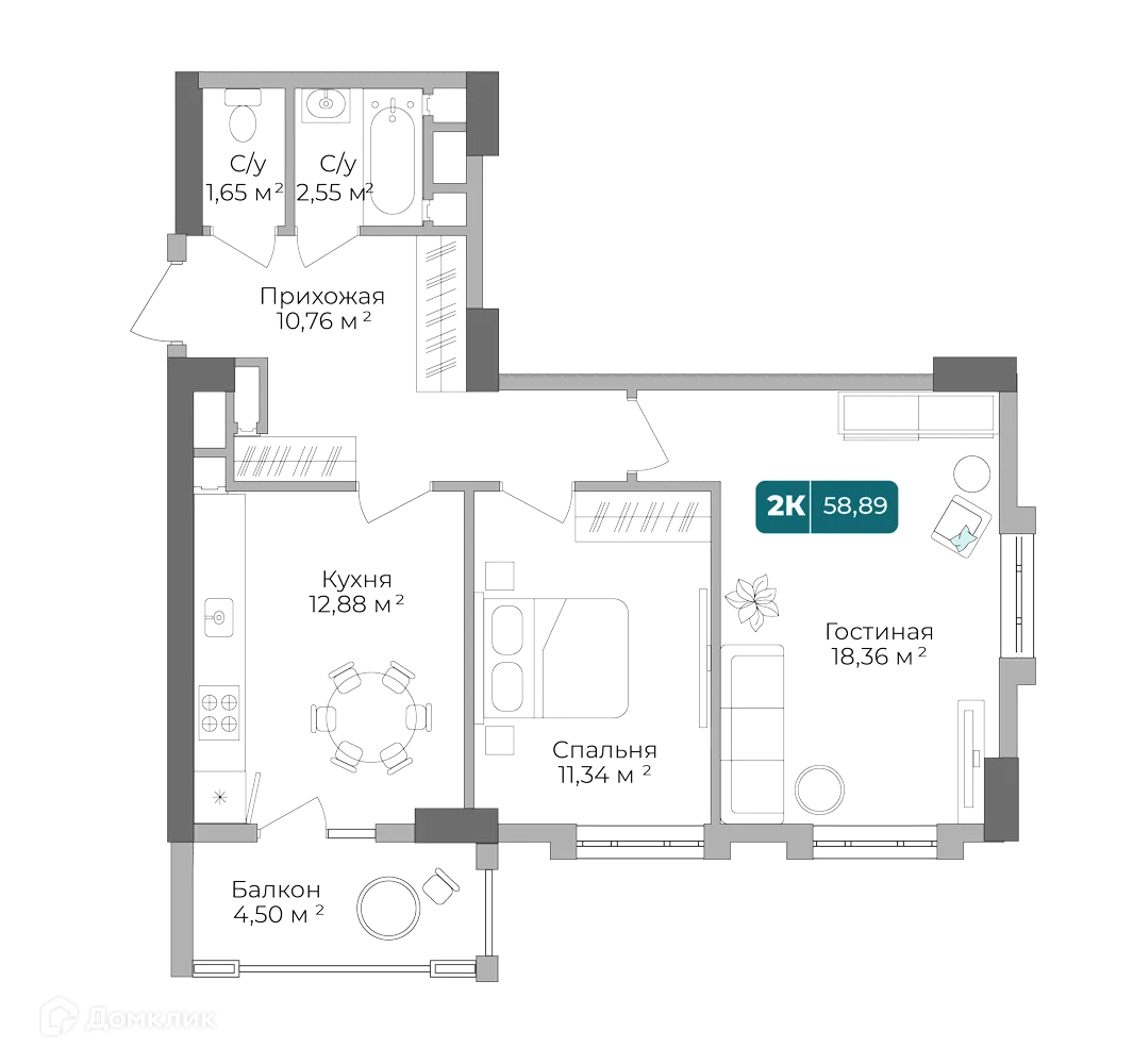 Планировка 2-комнатной квартиры 58.74 м² в ЖК Золотой Берег, г. Новороссийск — фото 1