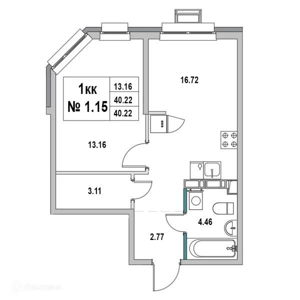 Планировка 1 комн. в ЖК Дом на ул.2-я Южная