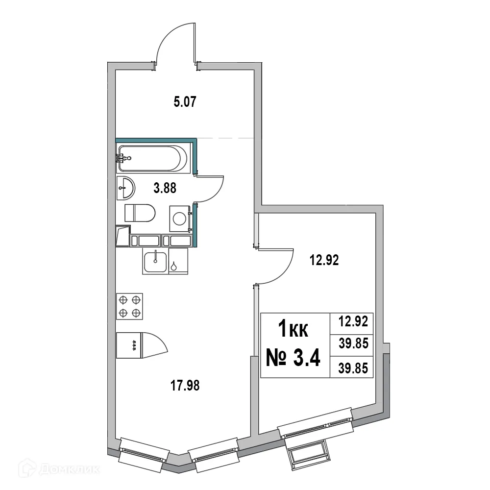 Планировка 1-комнатной квартиры 39.85 м² в ЖК Дом на ул.2-я Южная, г. Выборг — фото 1