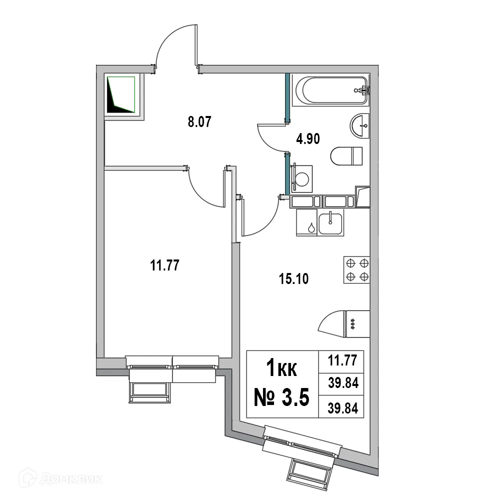 Планировка 1-комнатной квартиры 39.84 м² в ЖК Дом на ул.2-я Южная, г. Выборг — фото 1