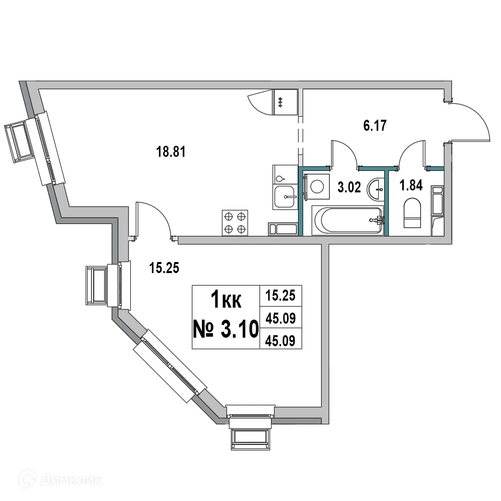 Планировка 1-комнатной квартиры 45.09 м² в ЖК Дом на ул.2-я Южная, г. Выборг — фото 1