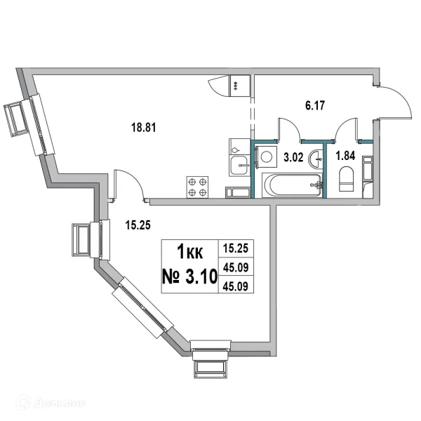 Планировка 1 комн. в ЖК Дом на ул.2-я Южная