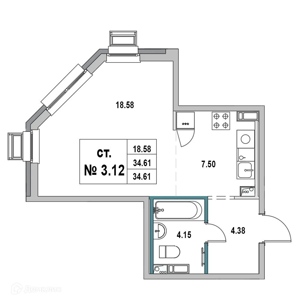 Планировка студии квартиры 34.28 м² в ЖК Дом на ул.2-я Южная, г. Выборг — фото 1