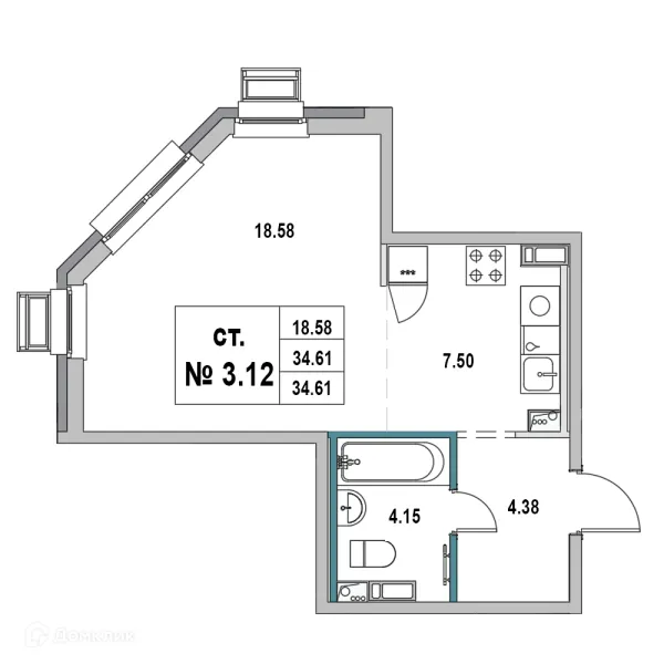 Планировка Студия в ЖК Дом на ул.2-я Южная
