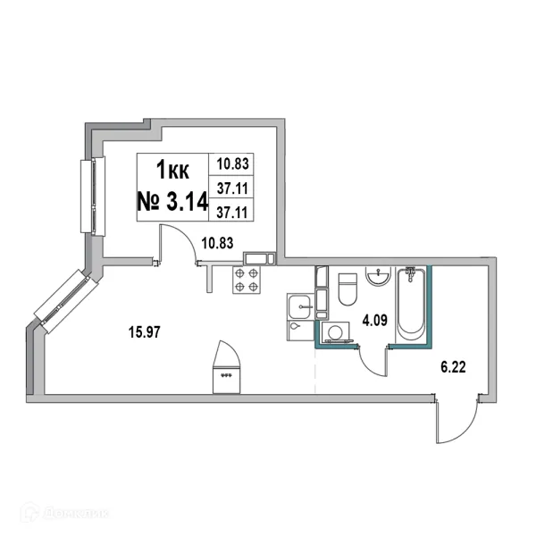 Планировка 1 комн. в ЖК Дом на ул.2-я Южная
