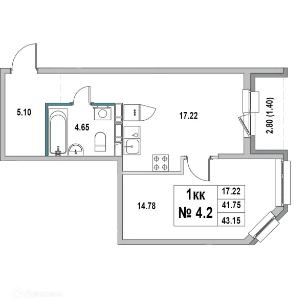 Планировка 1 комн. в ЖК Дом на ул.2-я Южная