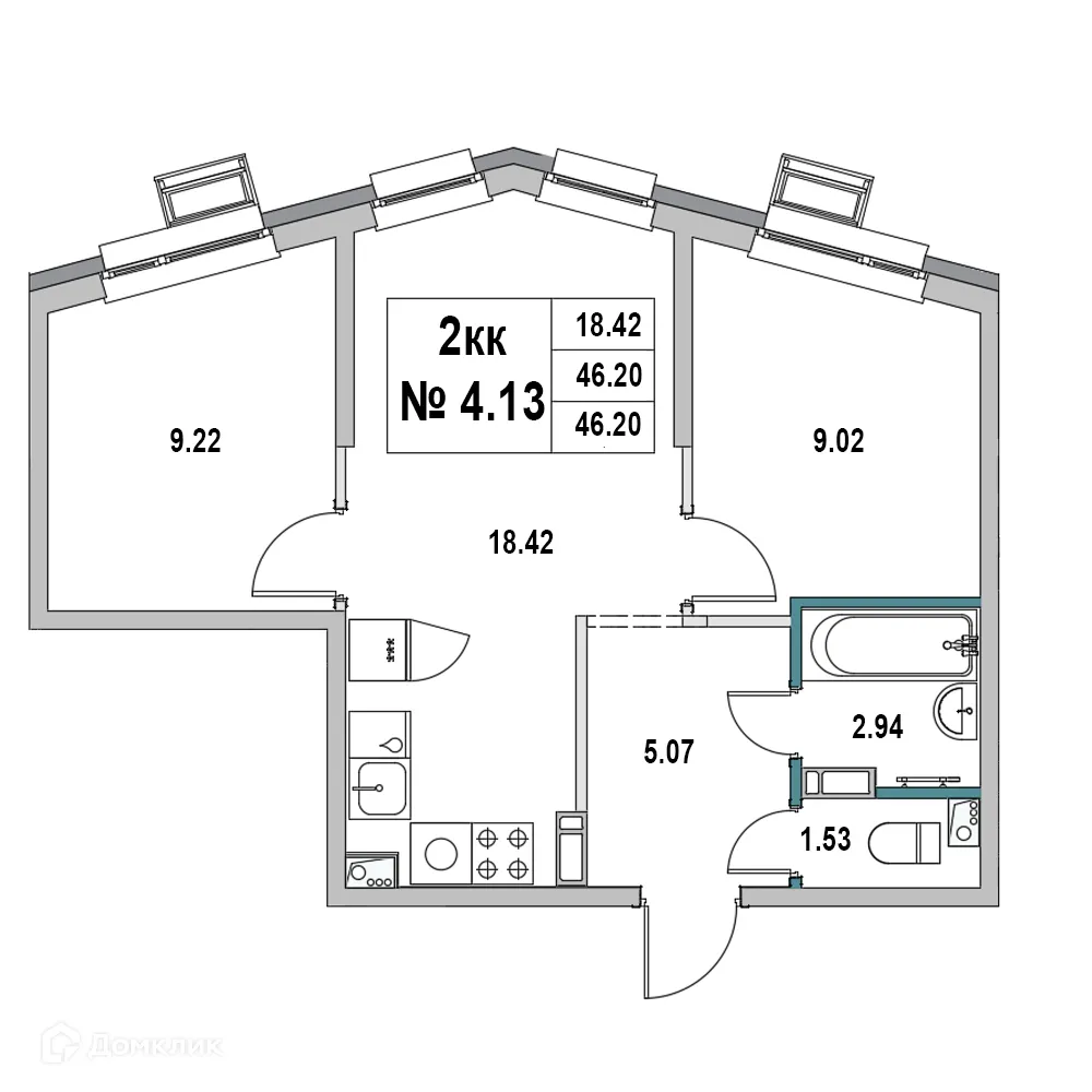 Планировка 2-комнатной квартиры 46.2 м² в ЖК Дом на ул.2-я Южная, г. Выборг — фото 1