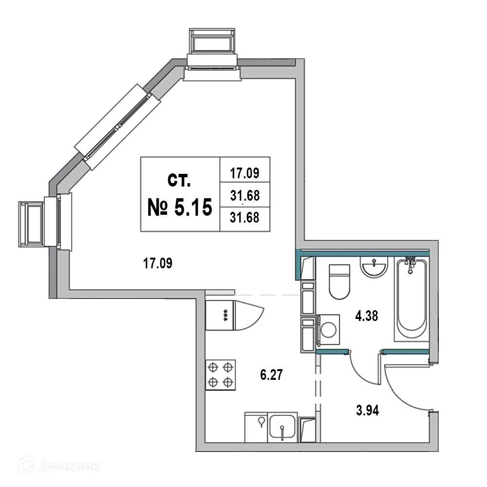 Планировка студии квартиры 31.68 м² в ЖК Дом на ул.2-я Южная, г. Выборг — фото 1