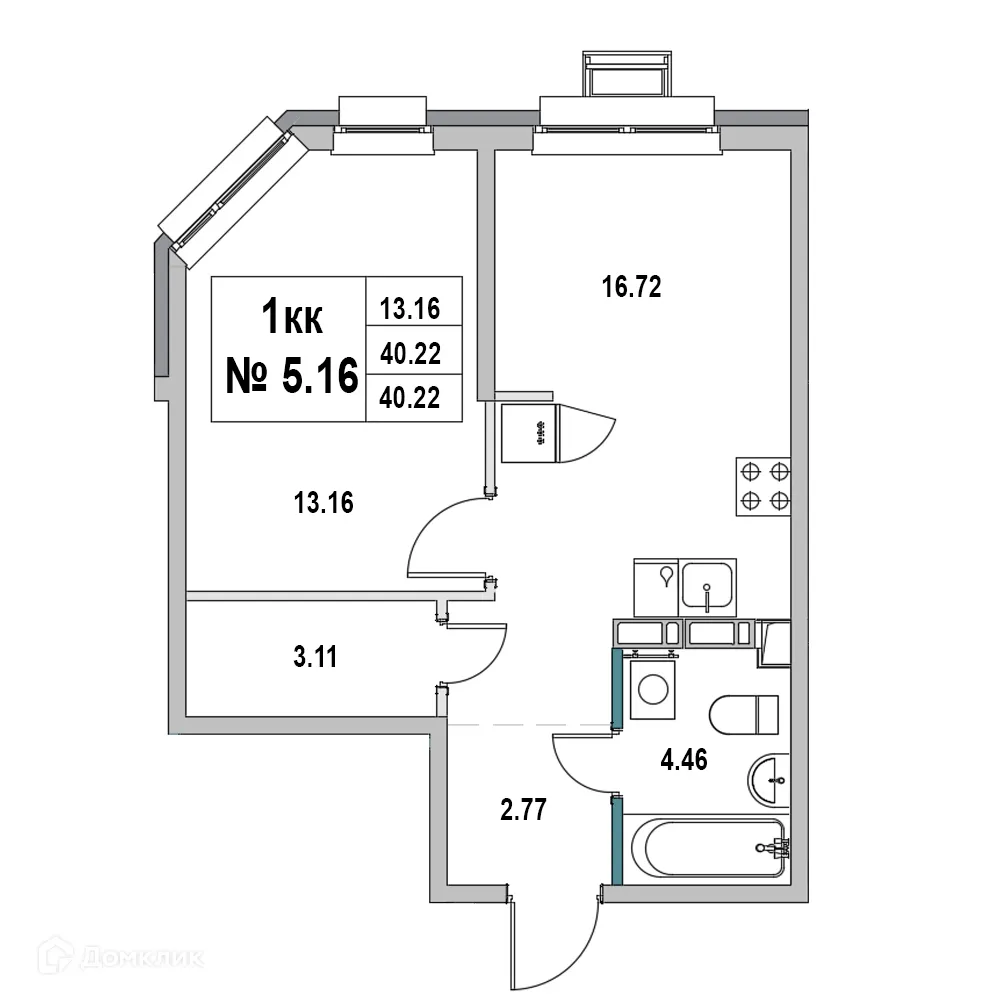 Планировка 1-комнатной квартиры 40.22 м² в ЖК Дом на ул.2-я Южная, г. Выборг — фото 1