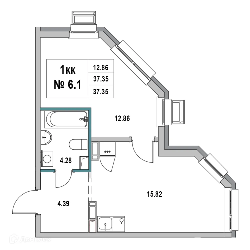 Планировка 1-комнатной квартиры 37.35 м² в ЖК Дом на ул.2-я Южная, г. Выборг — фото 1