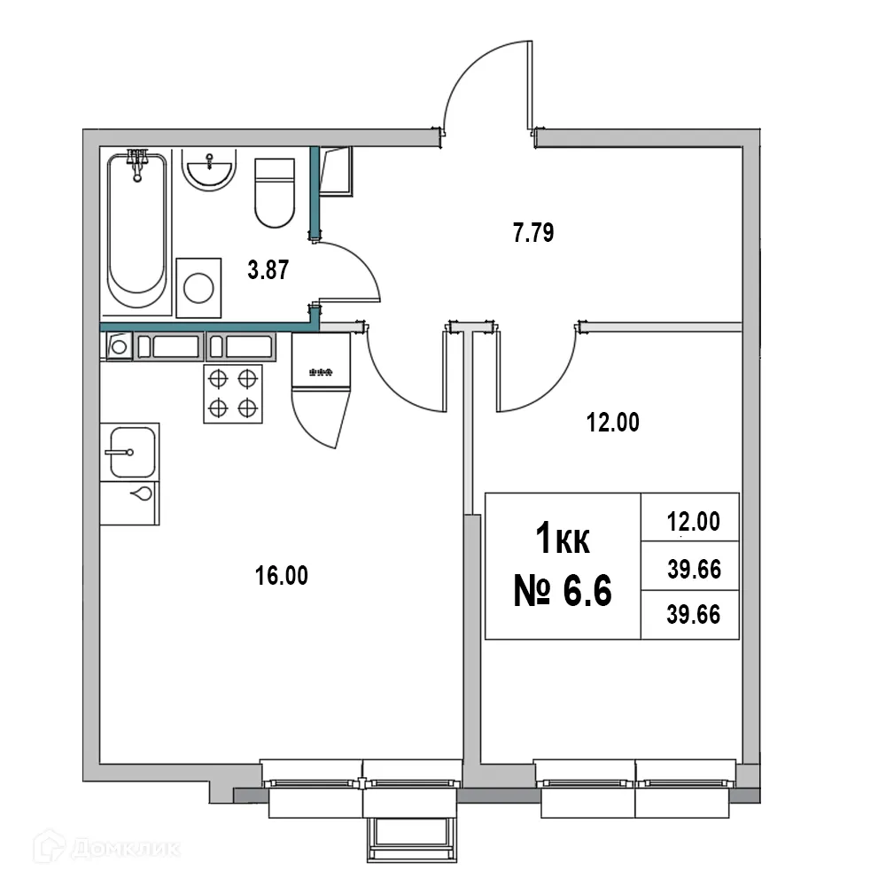 Планировка 1-комнатной квартиры 39.66 м² в ЖК Дом на ул.2-я Южная, г. Выборг — фото 1