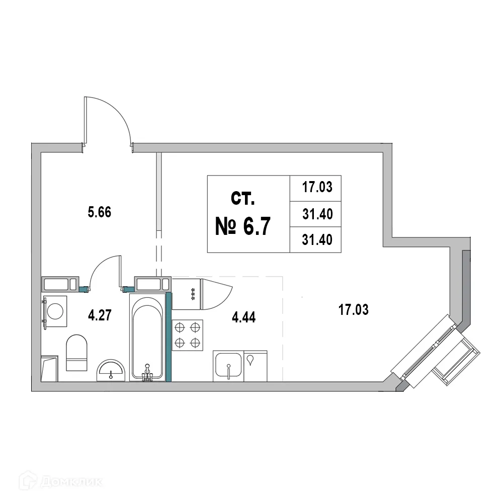 Планировка студии квартиры 31.4 м² в ЖК Дом на ул.2-я Южная, г. Выборг — фото 1