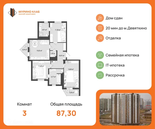 Планировка 3 комн. в ЖК МУРИНО КЛАБ