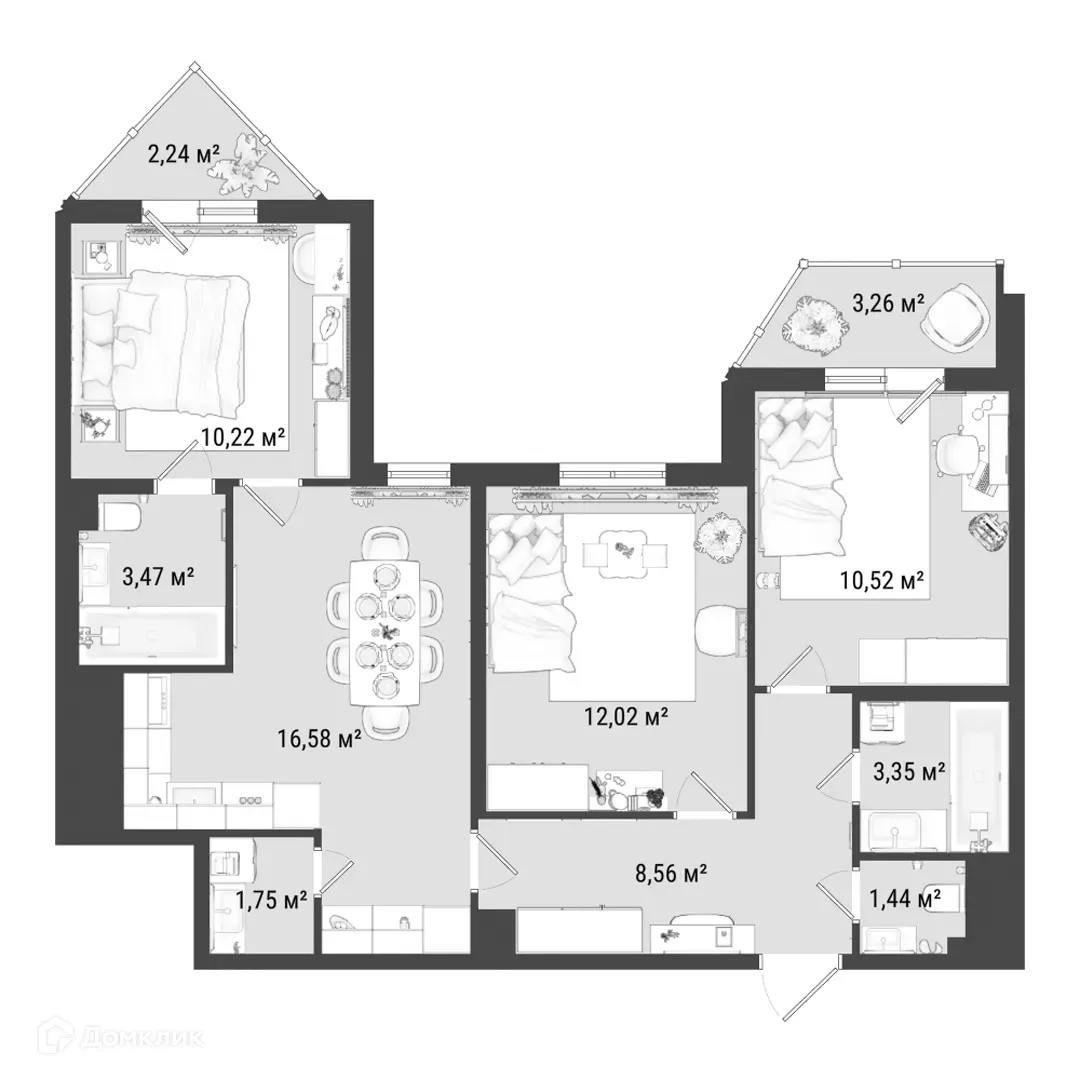 Планировка 3-комнатной квартиры 70.2 м² в ЖК МУРИНО КЛАБ, г. Мурино — фото 3