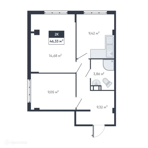 Планировка 2 комн. в ЖК Ромашки