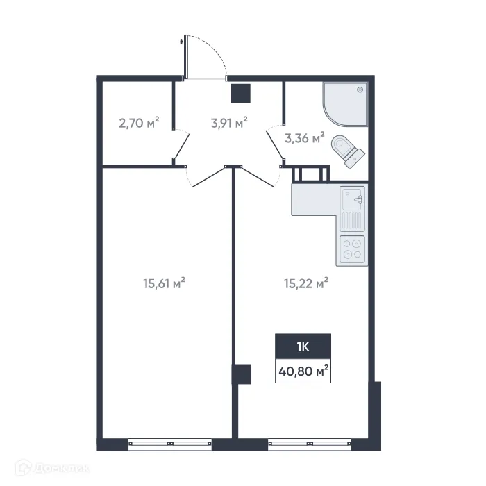Планировка 1-комнатной квартиры 40.8 м² в ЖК Ромашки, г. Мурино — фото 1