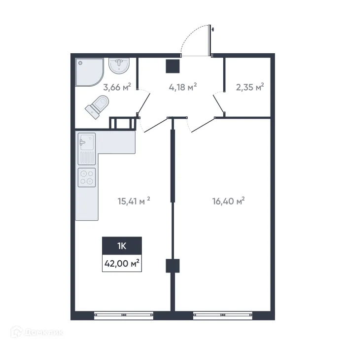 Планировка 1-комнатной квартиры 42 м² в ЖК Ромашки, г. Мурино — фото 1