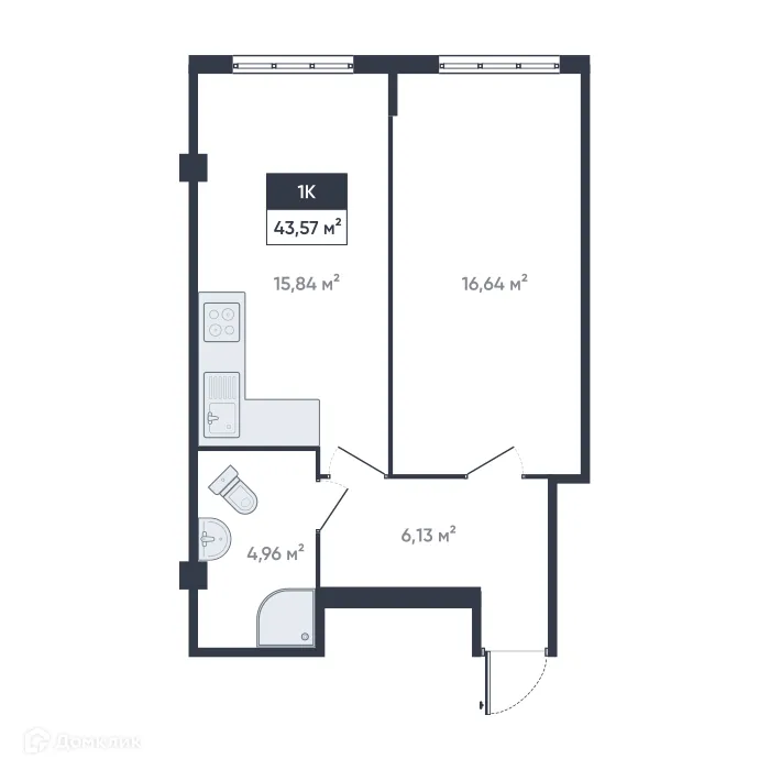 Планировка 1-комнатной квартиры 43.57 м² в ЖК Ромашки, г. Мурино — фото 1