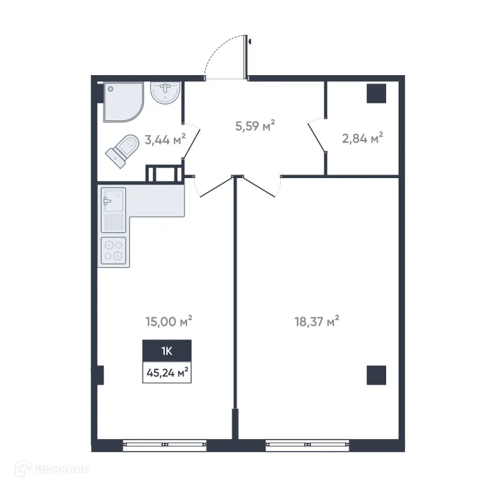 Планировка 1-комнатной квартиры 45.24 м² в ЖК Ромашки, г. Мурино — фото 1