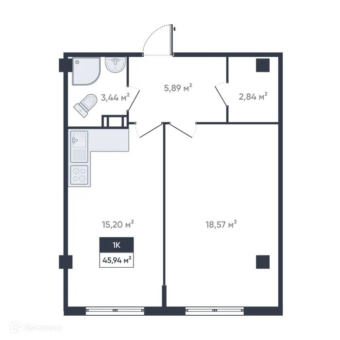 Планировка 1-комнатной квартиры 45.94 м² в ЖК Ромашки, г. Мурино — фото 1