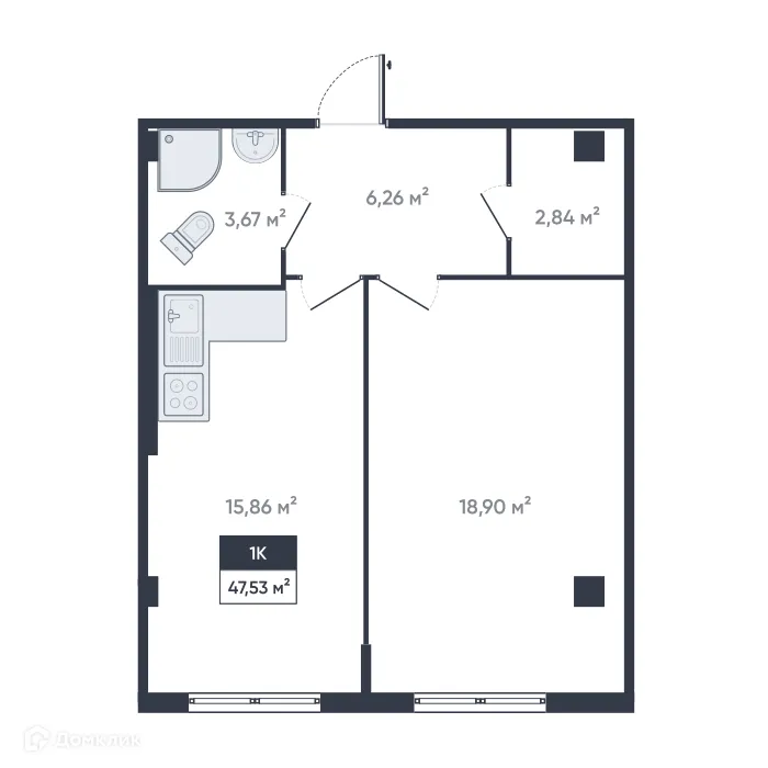 Планировка 1-комнатной квартиры 47.53 м² в ЖК Ромашки, г. Мурино — фото 1