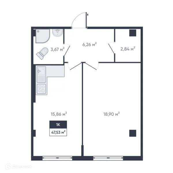 Планировка 1 комн. в ЖК Ромашки