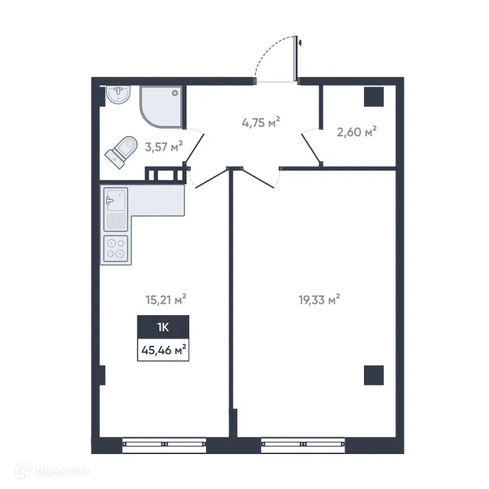 Планировка 1-комнатной квартиры 45.46 м² в ЖК Ромашки, г. Мурино — фото 1