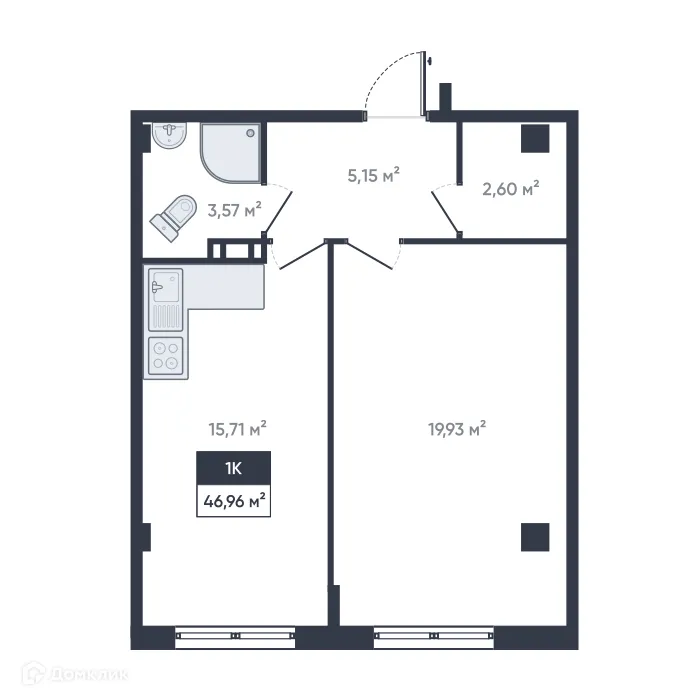 Планировка 1-комнатной квартиры 46.96 м² в ЖК Ромашки, г. Мурино — фото 1