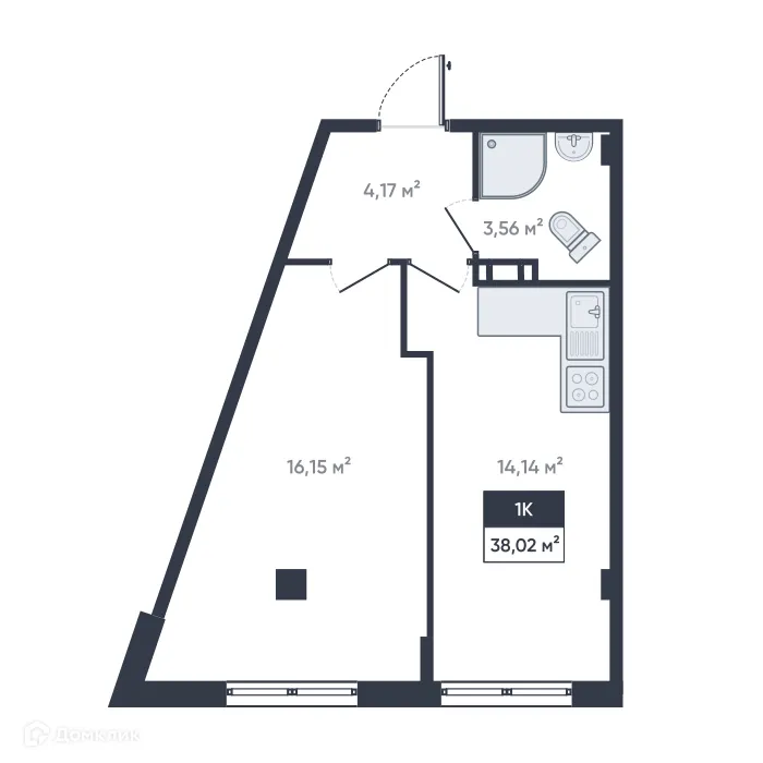 Планировка 1-комнатной квартиры 38.02 м² в ЖК Ромашки, г. Мурино — фото 1