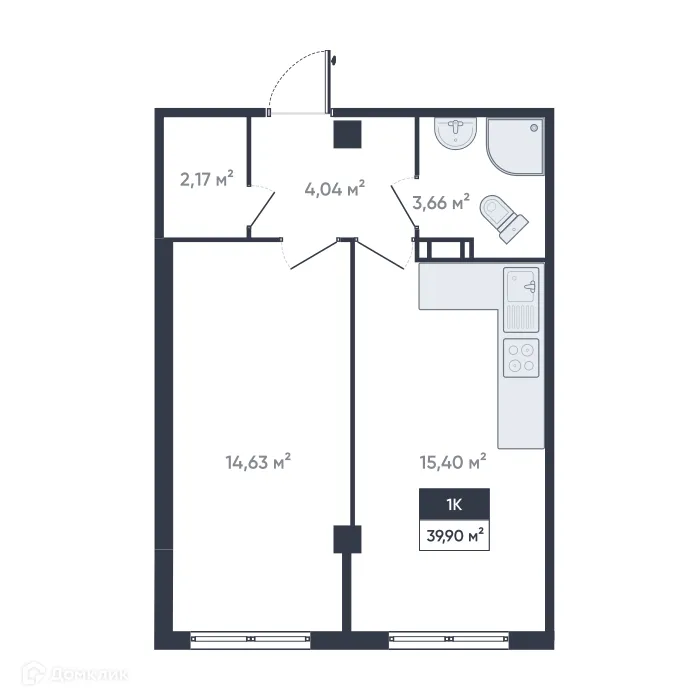Планировка 1-комнатной квартиры 39.9 м² в ЖК Ромашки, г. Мурино — фото 1