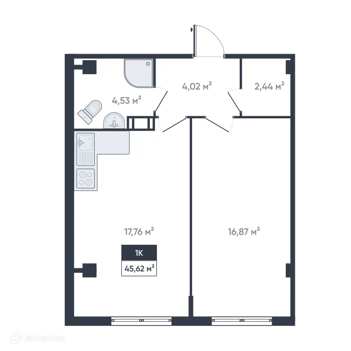 Планировка 1-комнатной квартиры 45.62 м² в ЖК Ромашки, г. Мурино — фото 1