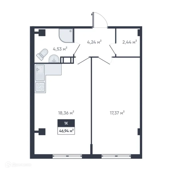 Планировка 1 комн. в ЖК Ромашки