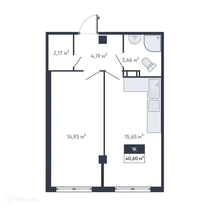 Планировка 1-комнатной квартиры 40.6 м² в ЖК Ромашки, г. Мурино — фото 1