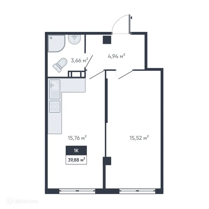 Планировка 1-комнатной квартиры 39.88 м² в ЖК Ромашки, г. Мурино — фото 1