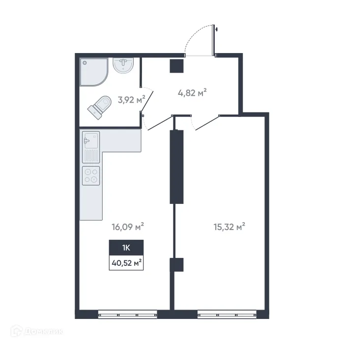 Планировка 1-комнатной квартиры 40.52 м² в ЖК Ромашки, г. Мурино — фото 1