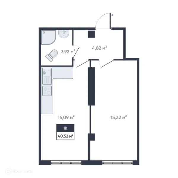 Планировка 1 комн. в ЖК Ромашки