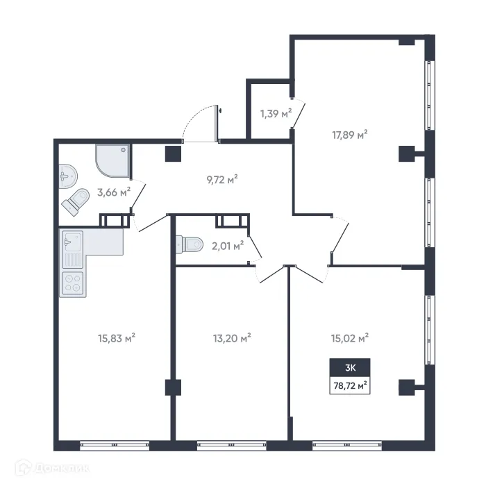 Планировка 3-комнатной квартиры 78.72 м² в ЖК Ромашки, г. Мурино — фото 1