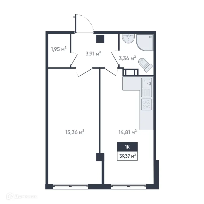 Планировка 1-комнатной квартиры 39.37 м² в ЖК Ромашки, г. Мурино — фото 1